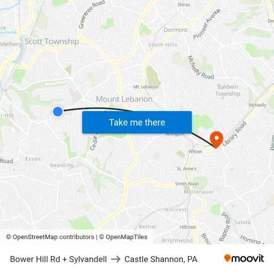 Bower Hill Rd + Sylvandell to Castle Shannon,  PA map