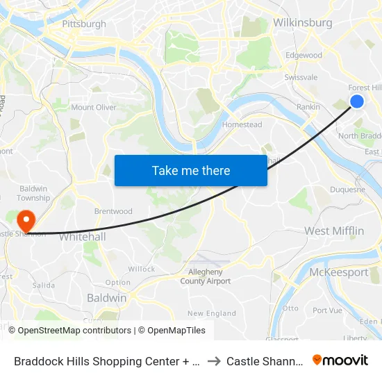 Braddock Hills Shopping Center + Giant Eagle to Castle Shannon,  PA map