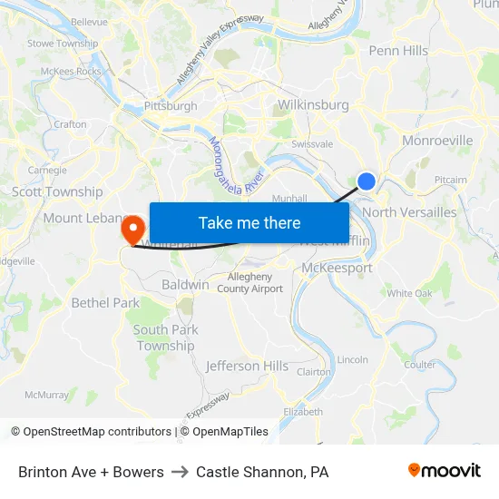 Brinton Ave + Bowers to Castle Shannon,  PA map