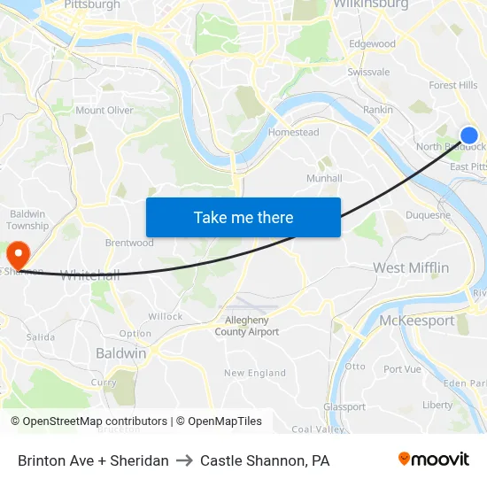 Brinton Ave + Sheridan to Castle Shannon,  PA map