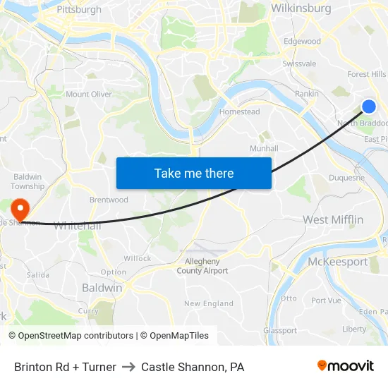 Brinton Rd + Turner to Castle Shannon,  PA map