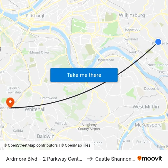 Ardmore Blvd + 2 Parkway Center East to Castle Shannon,  PA map