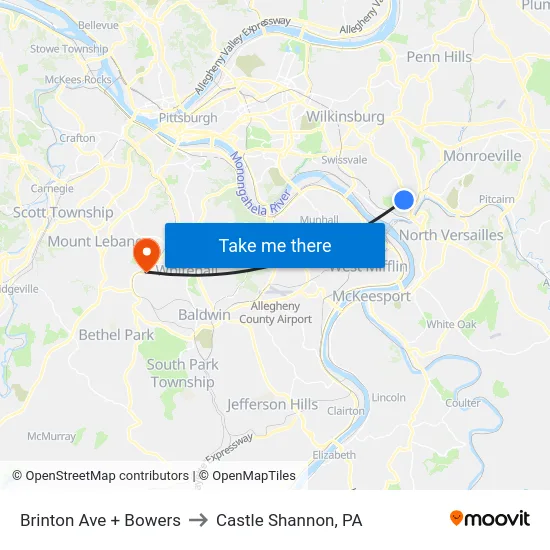 Brinton Ave + Bowers to Castle Shannon,  PA map