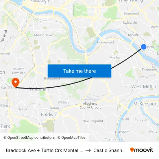 Braddock Ave + Turtle Crk Mental Health Ctr to Castle Shannon,  PA map