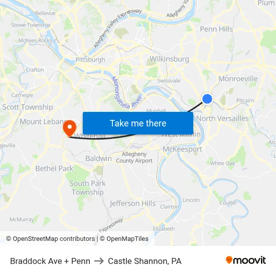 Braddock Ave + Penn to Castle Shannon,  PA map