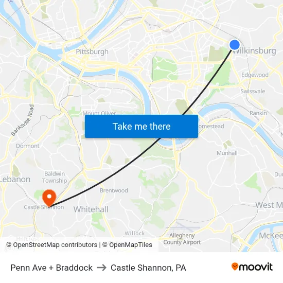 Penn Ave + Braddock to Castle Shannon,  PA map