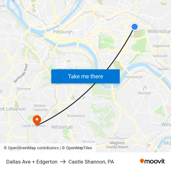 Dallas Ave + Edgerton to Castle Shannon,  PA map