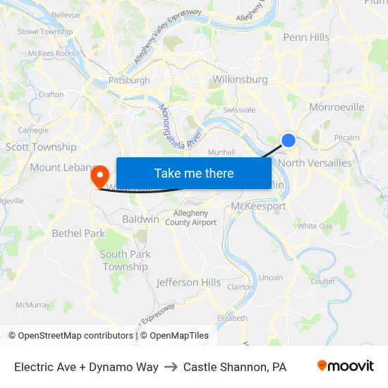 Electric Ave + Dynamo Way to Castle Shannon,  PA map