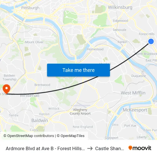 Ardmore Blvd at Ave B - Forest Hills Park And Ride to Castle Shannon,  PA map