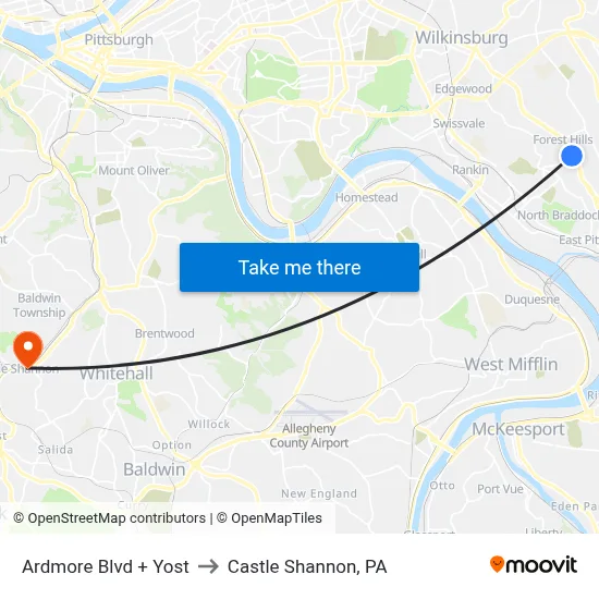 Ardmore Blvd + Yost to Castle Shannon,  PA map