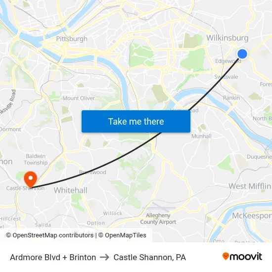 Ardmore Blvd + Brinton to Castle Shannon,  PA map
