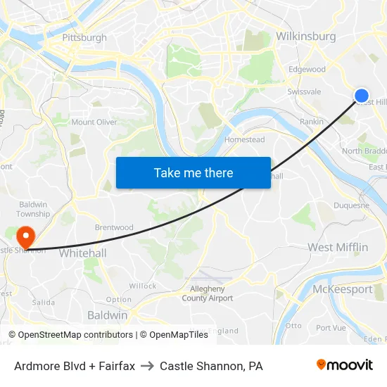 Ardmore Blvd + Fairfax to Castle Shannon,  PA map