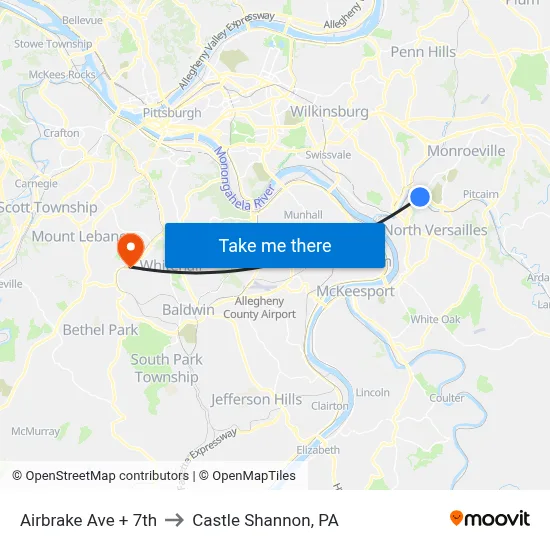 Airbrake Ave + 7th to Castle Shannon,  PA map