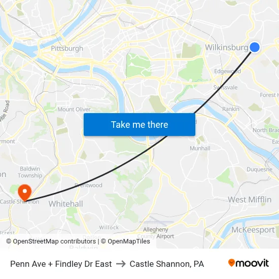 Penn Ave + Findley Dr East to Castle Shannon,  PA map