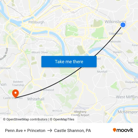 Penn Ave + Princeton to Castle Shannon,  PA map