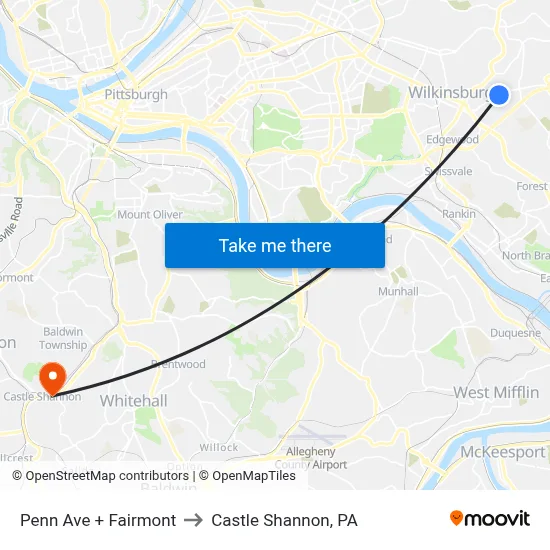 Penn Ave + Fairmont to Castle Shannon,  PA map