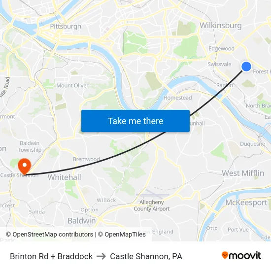 Brinton Rd + Braddock to Castle Shannon,  PA map