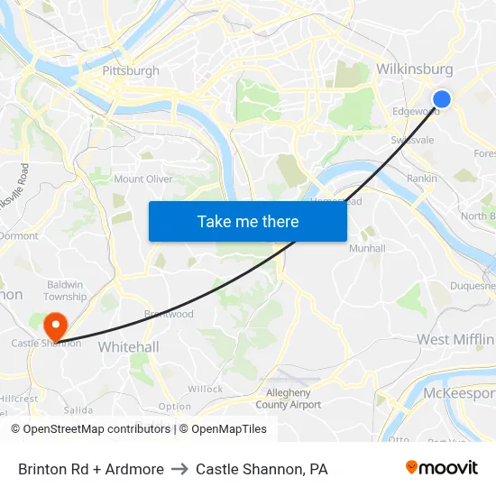 Brinton Rd + Ardmore to Castle Shannon,  PA map