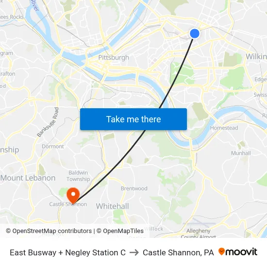 East Busway + Negley Station C to Castle Shannon,  PA map