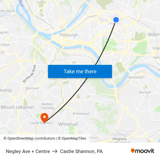 Negley Ave + Centre to Castle Shannon,  PA map