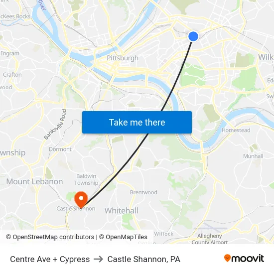 Centre Ave + Cypress to Castle Shannon,  PA map