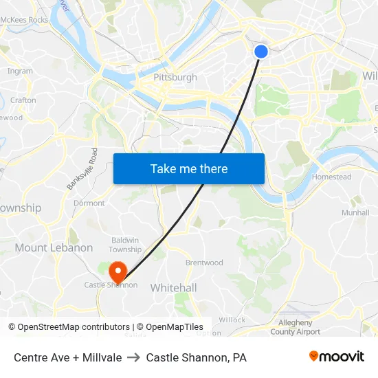 Centre Ave + Millvale to Castle Shannon,  PA map