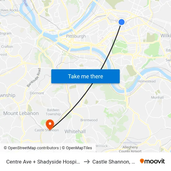 Centre Ave + Shadyside Hospital to Castle Shannon,  PA map