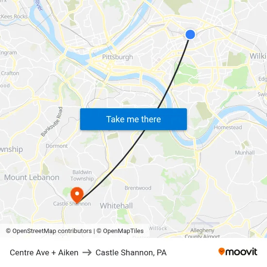 Centre Ave + Aiken to Castle Shannon,  PA map