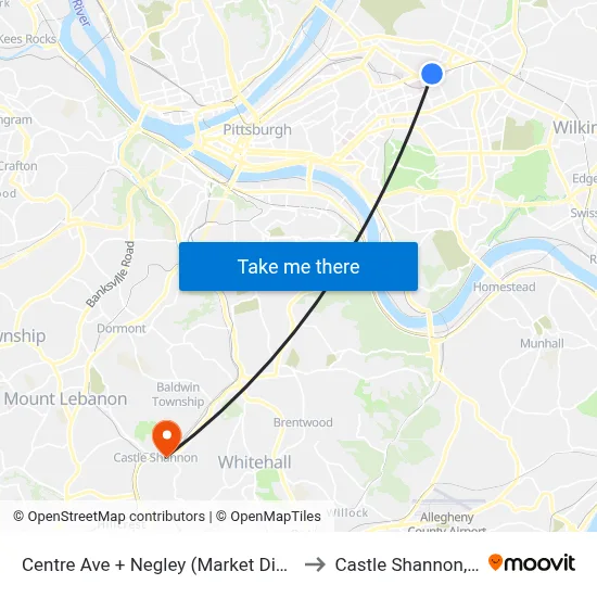 Centre Ave + Negley (Market District) to Castle Shannon,  PA map