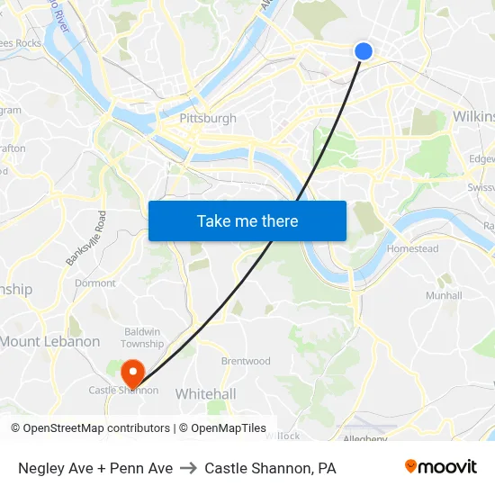 Negley Ave + Penn Ave to Castle Shannon,  PA map