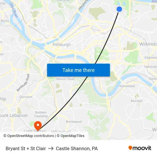 Bryant St + St Clair to Castle Shannon,  PA map