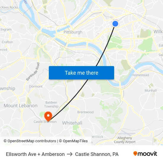 Ellsworth Ave + Amberson to Castle Shannon,  PA map