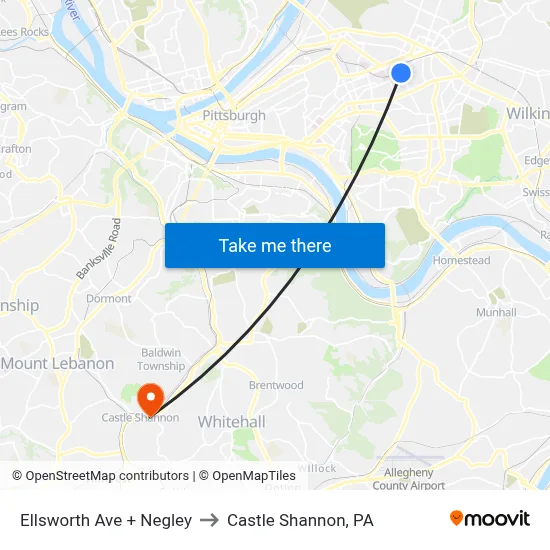Ellsworth Ave + Negley to Castle Shannon,  PA map