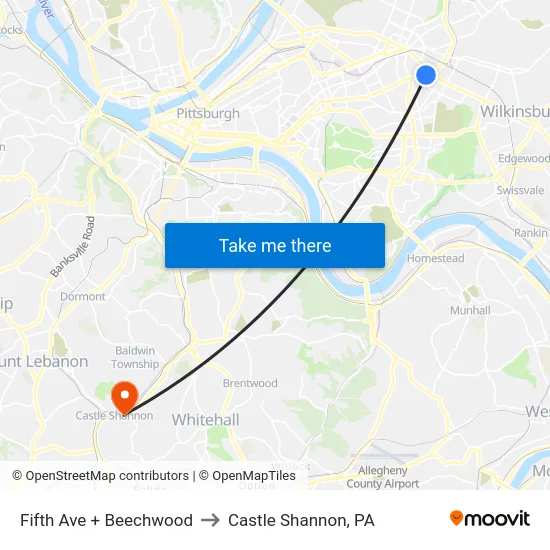 Fifth Ave + Beechwood to Castle Shannon,  PA map