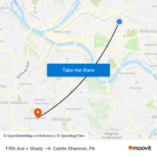 Fifth Ave + Shady to Castle Shannon,  PA map