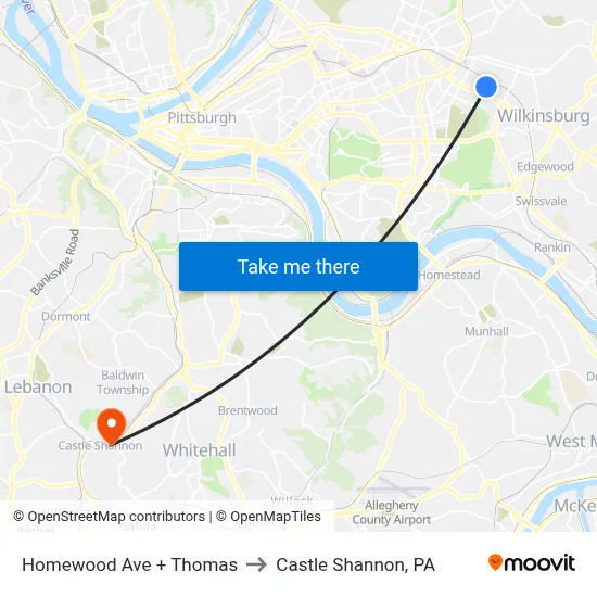 Homewood Ave + Thomas to Castle Shannon,  PA map