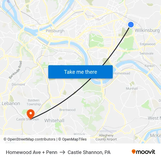 Homewood Ave + Penn to Castle Shannon,  PA map
