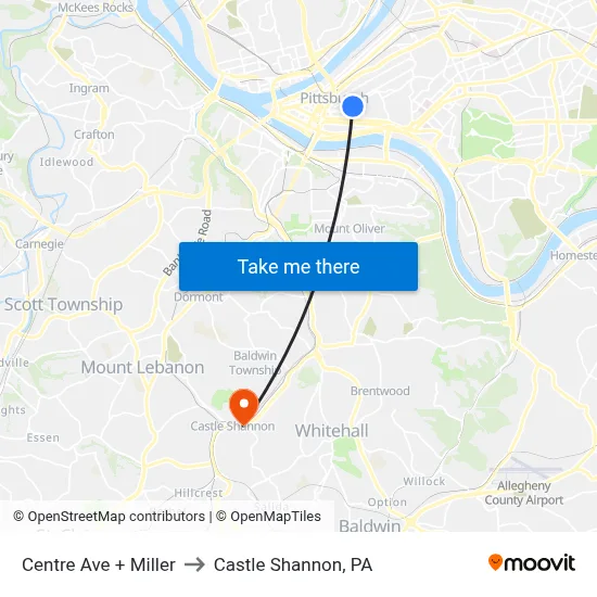 Centre Ave + Miller to Castle Shannon,  PA map