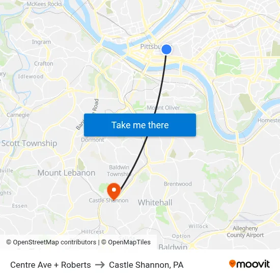 Centre Ave + Roberts to Castle Shannon,  PA map