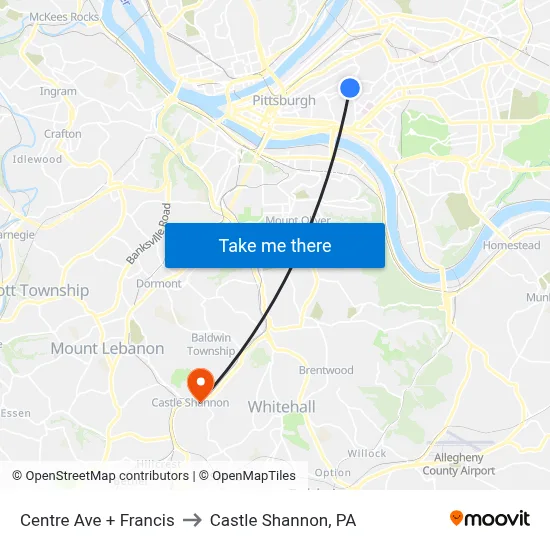 Centre Ave + Francis to Castle Shannon,  PA map