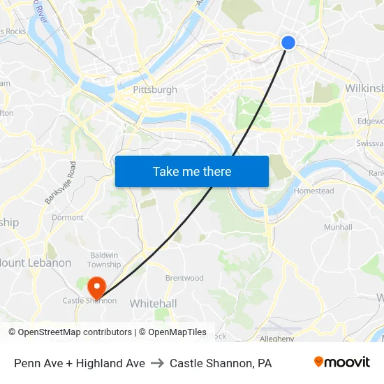 Penn Ave + Highland Ave to Castle Shannon,  PA map