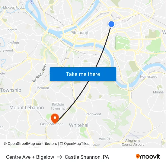 Centre Ave + Bigelow to Castle Shannon,  PA map
