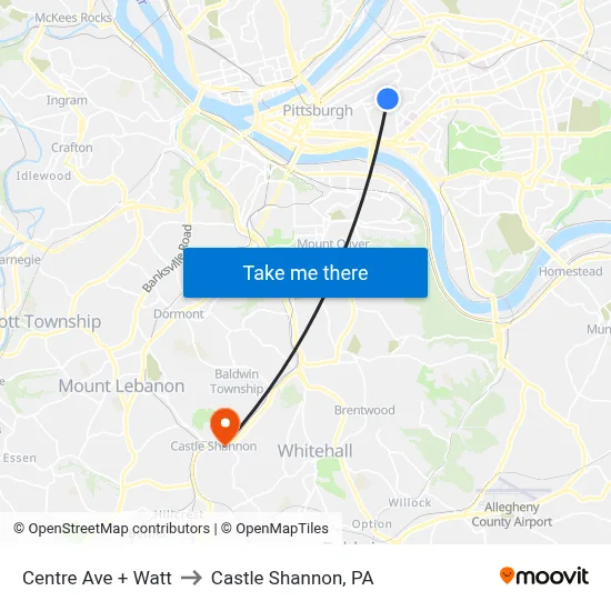 Centre Ave + Watt to Castle Shannon,  PA map
