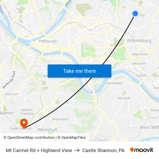 Mt Carmel Rd + Highland View to Castle Shannon,  PA map