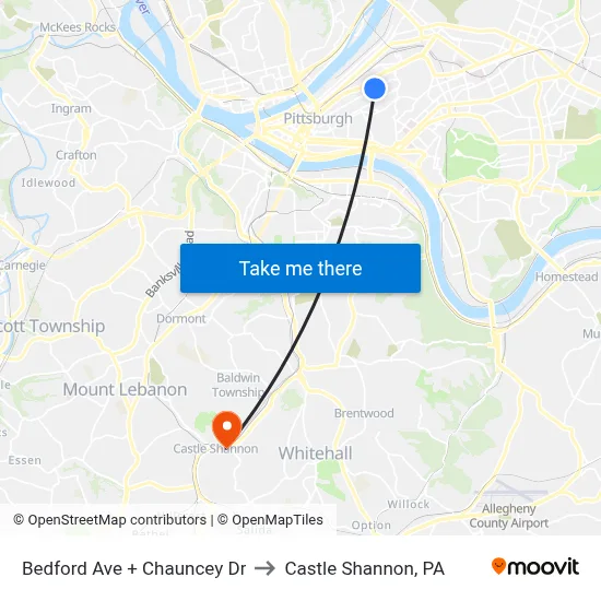Bedford Ave + Chauncey Dr to Castle Shannon,  PA map