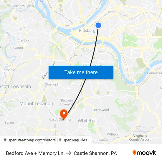 Bedford Ave + Memory Ln to Castle Shannon,  PA map
