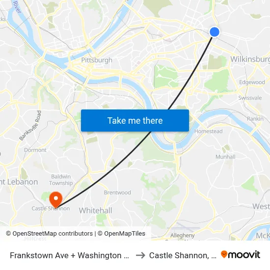 Frankstown Ave + Washington Blvd to Castle Shannon,  PA map