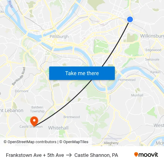 Frankstown Ave + 5th Ave to Castle Shannon,  PA map