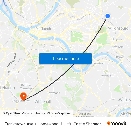 Frankstown Ave + Homewood House to Castle Shannon,  PA map