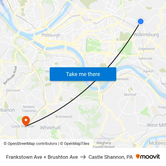 Frankstown Ave + Brushton Ave to Castle Shannon,  PA map